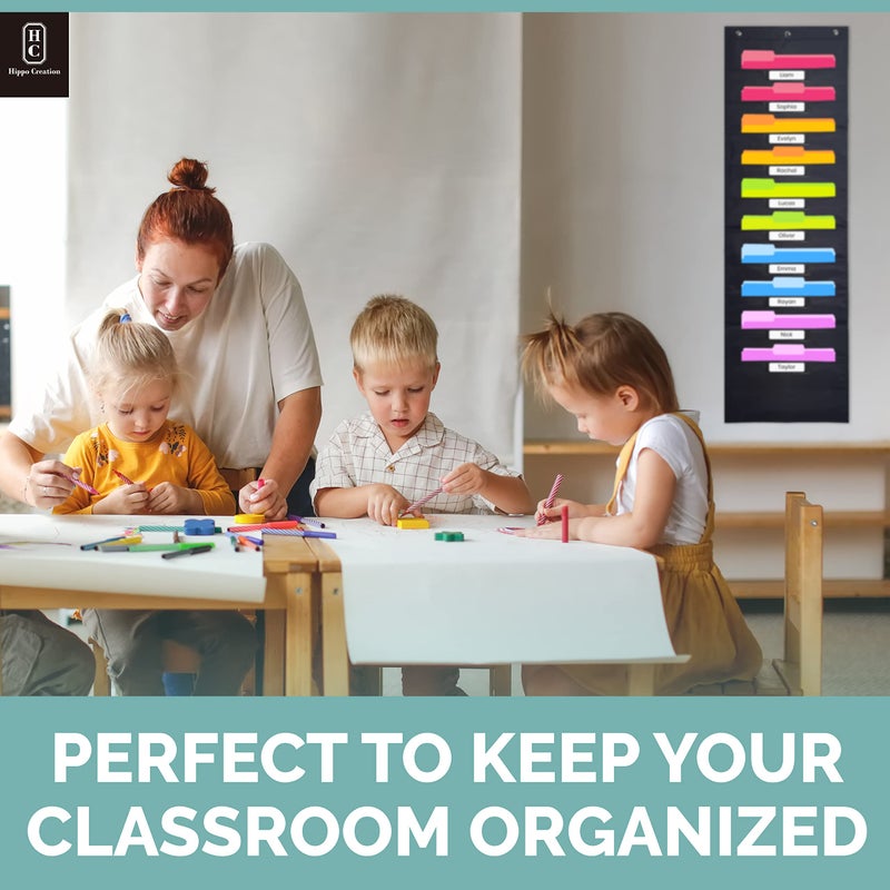 Hippo Creation Black Pocket Chart for Classroom - 10 Pocket Storage Rainbow Pocket Charts   3 Over Door Hangers Included  Hanging Wall File Organizer for File Folders  School Mailbox  Home/Office Papers - Image 4